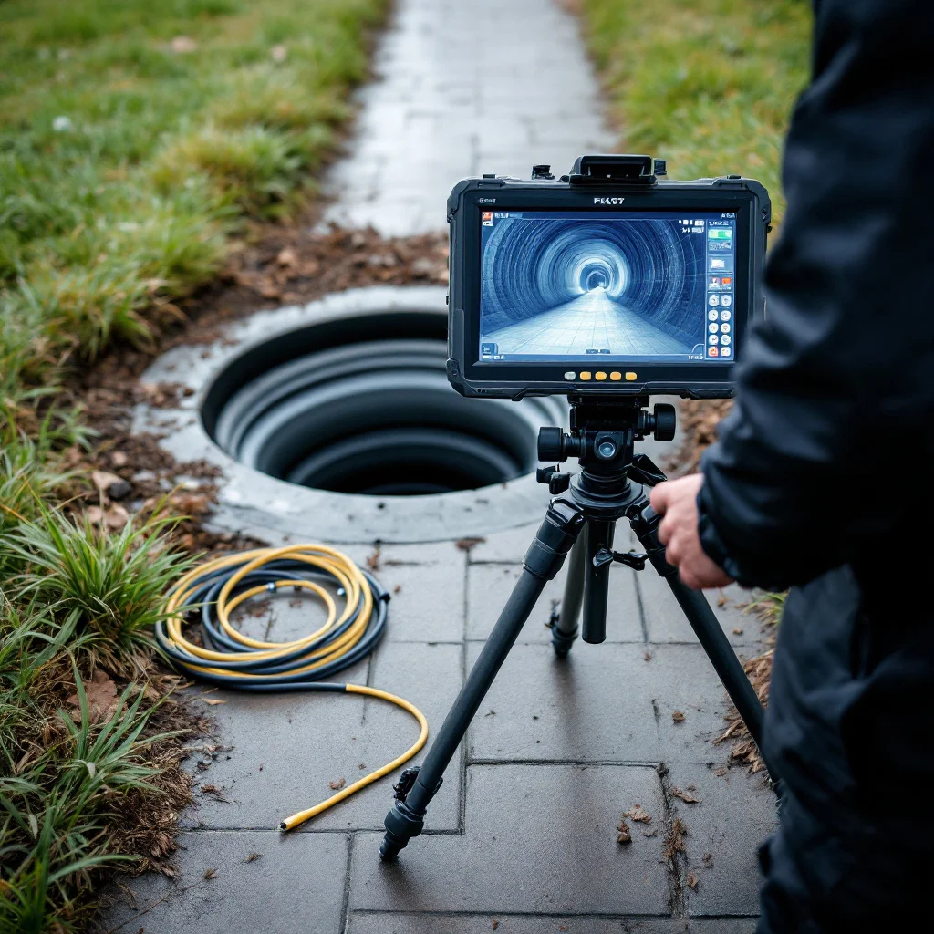 Portable CCTV drainage monitor beside an open inspection chamber on a front path