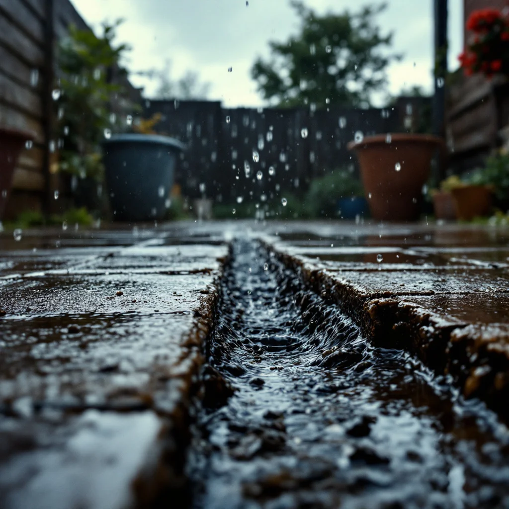 Standing water pooling beside an overflowing drain during heavy rain