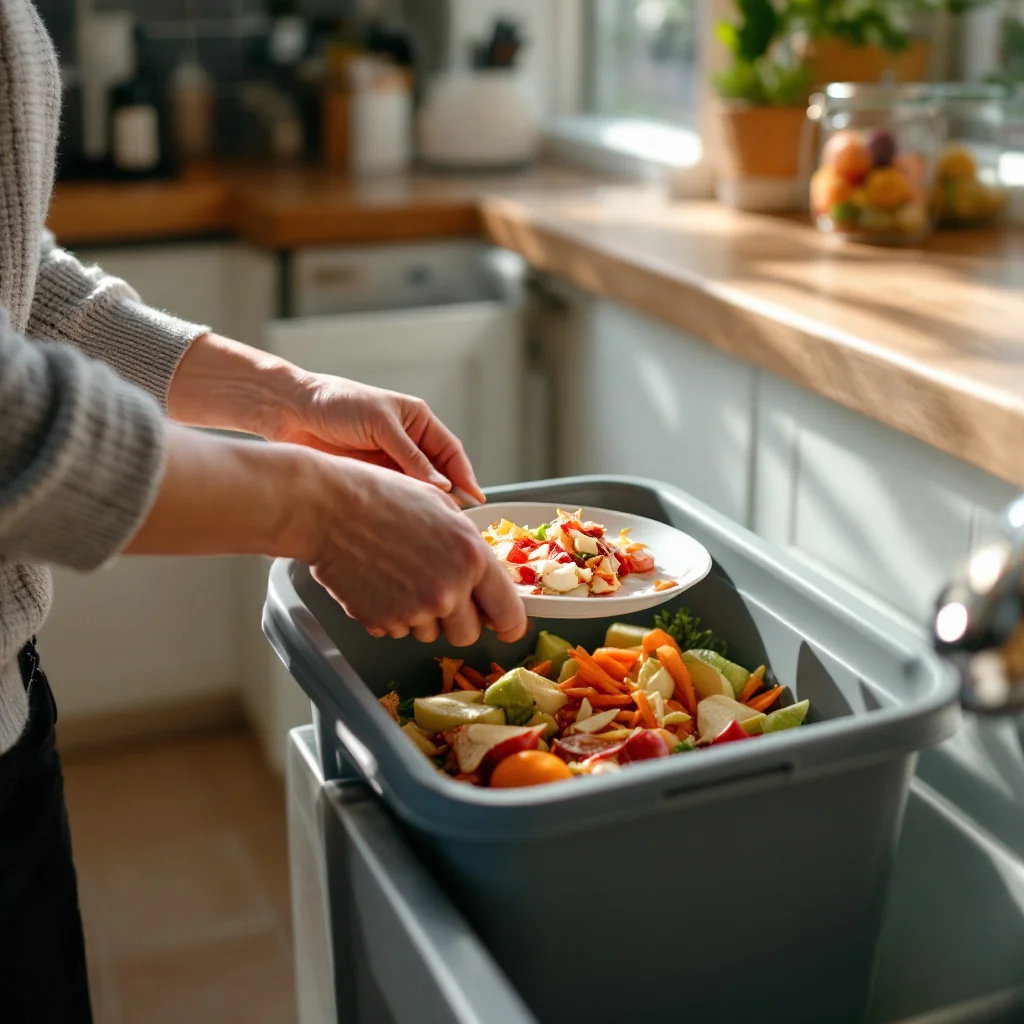 Scraping food scraps into a kitchen caddy bin instead of the sink